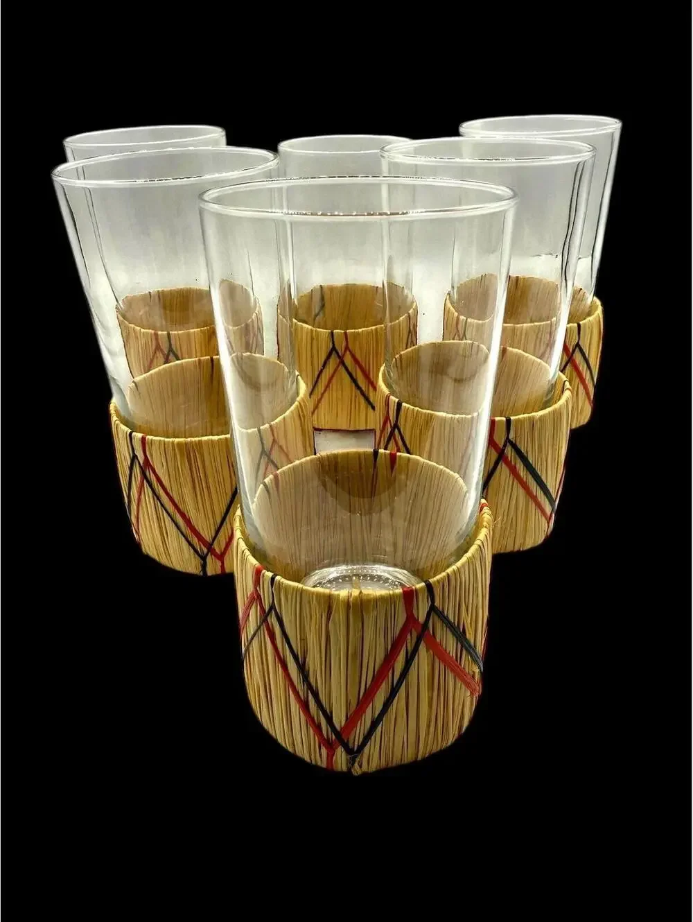 1950s Vintage Glass Tumblers with Raffia Holders, Set of Six Drinking Glasses